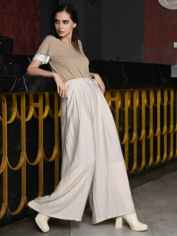 Odette Off White Cotton Linen Solid Trouser For Women Trousers Low Rise Relaxed