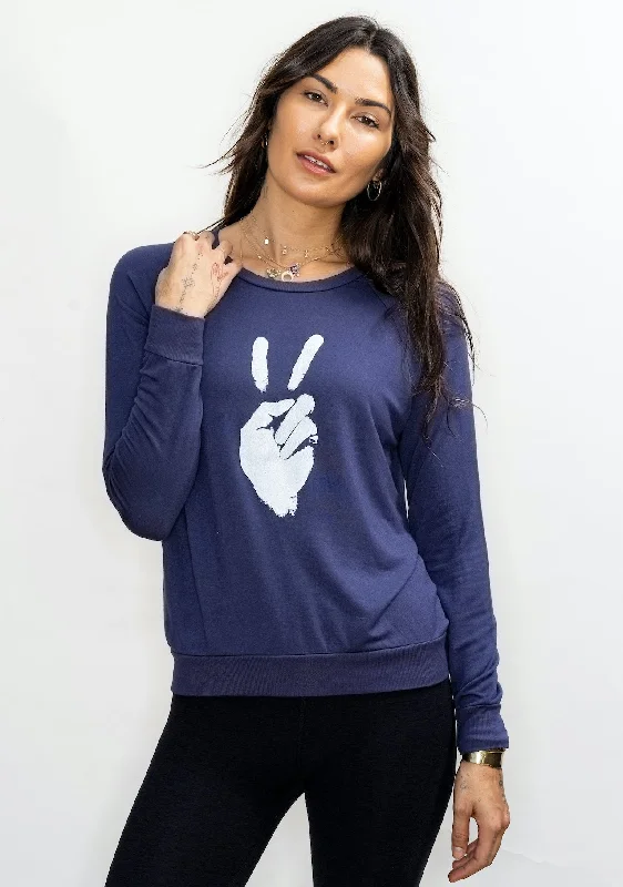'Peace Sign' Ultra-Soft Raglan Pullover - Spellbound  Blue Saggy Sleeve Comfort