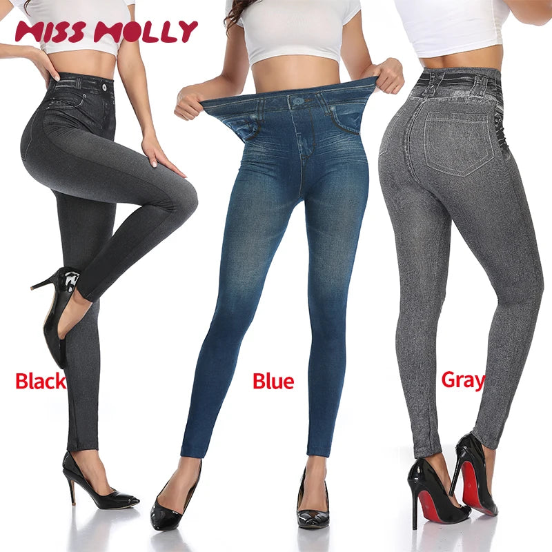 High Waist Faux Denim Print Leggings Women Sexy Skinny Pencil Pants Tummy Control Seamless Shapewear Trousers No Pocket Trousers Favorite Customer