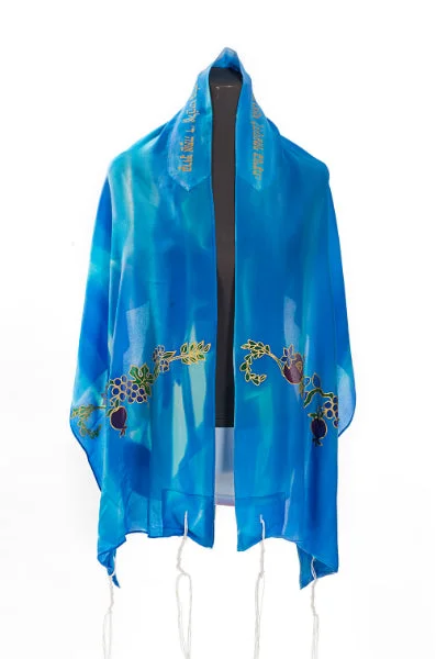 Seven species Handmade Silk Tallit for women, Bat Mitzvah Tallit, Blue Tallit, Feminine Tallit, Women's Tallit Prayer Shawl Warm Cashmere Shawl Wrap