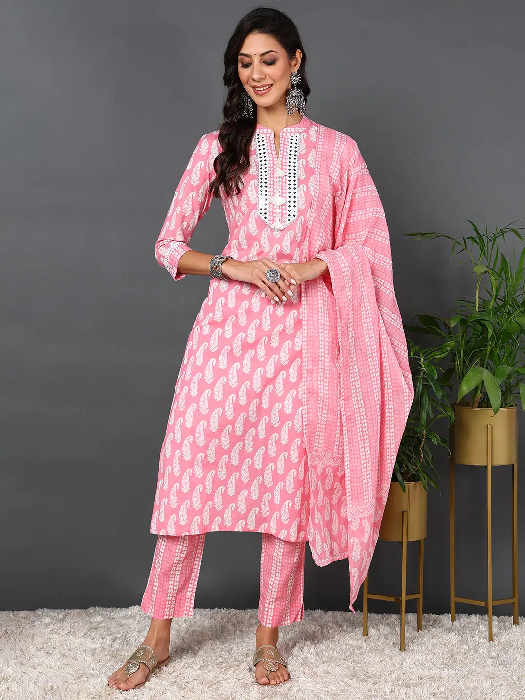 Ahika Women Pink Pure Cotton Paisley Printed Kurta Trouser With Dupatta Trousers Tapered Slim Fit