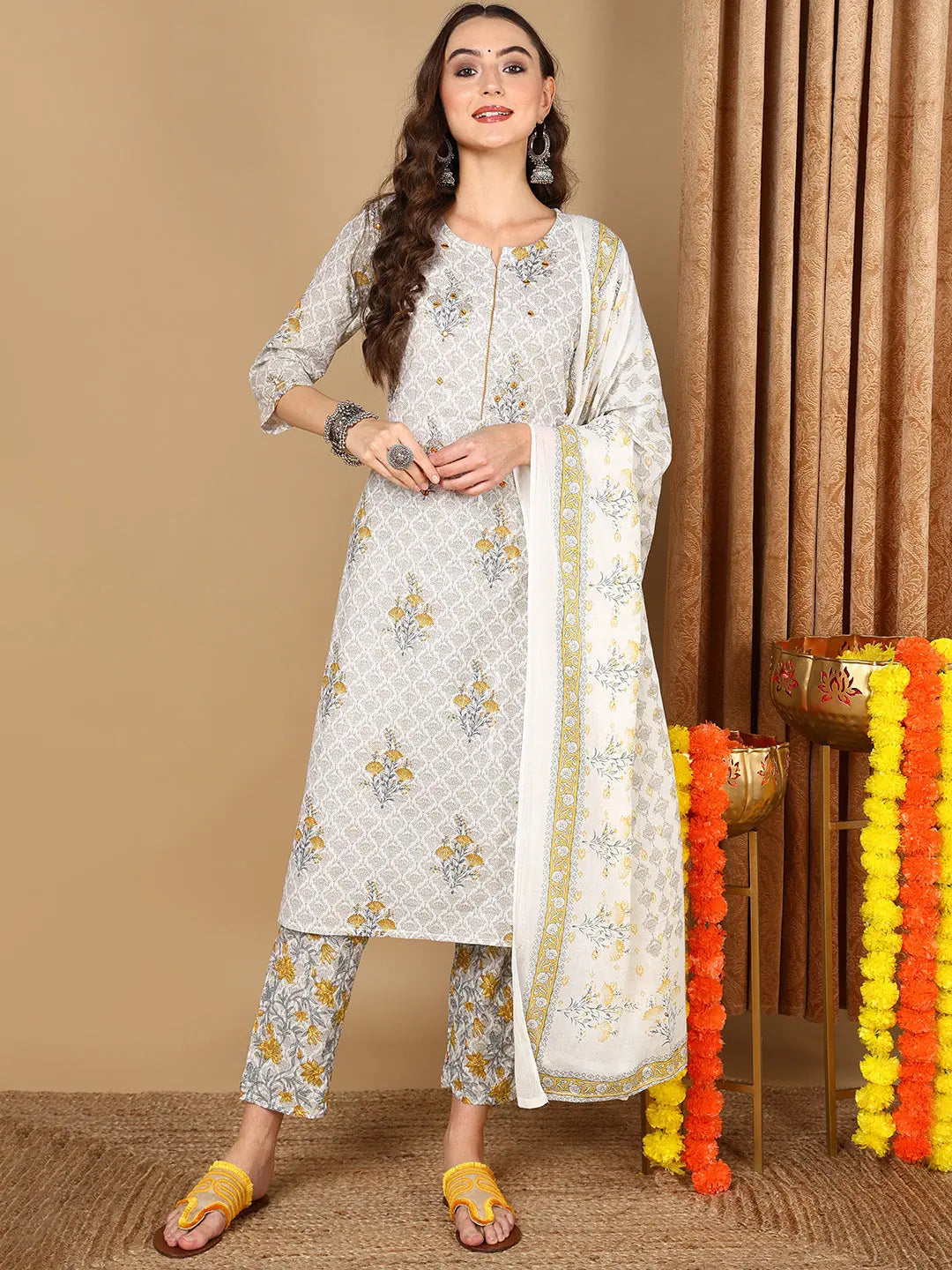 Ahika Women Off White Cotton Ethnic Printed Straight Kurta Trouser With Dupatta Trousers chic elegant