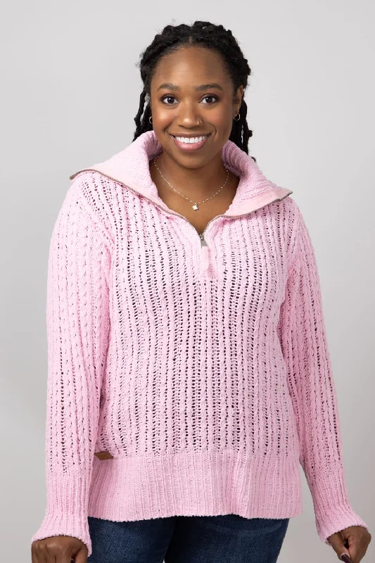 Simply Southern So Soft Quarter Zip Sweater for Women in Candy Pink | PP-0224-SWTR-SOSFT-CANDY Solid Color Striped Floral Print