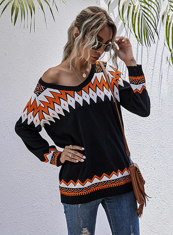 CONTRAST PULLOVER LONG SLEEVE V-NECK SWEATER Solo Sleeve Pullover