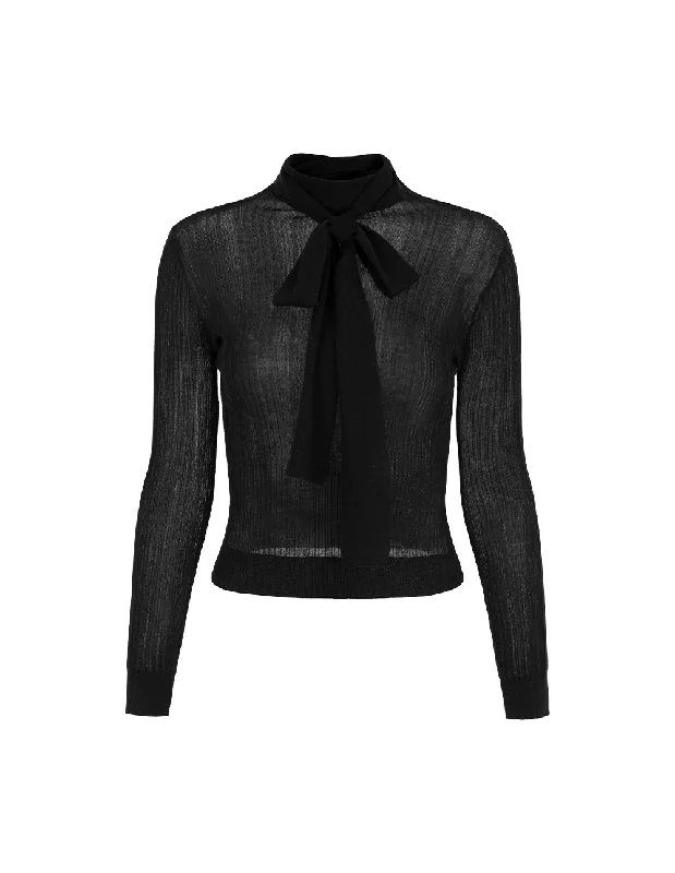 MARYLING High-Collar Tie-Front Long-Sleeve Fitted Black Thin-Pullover Elbow Length Sleeve