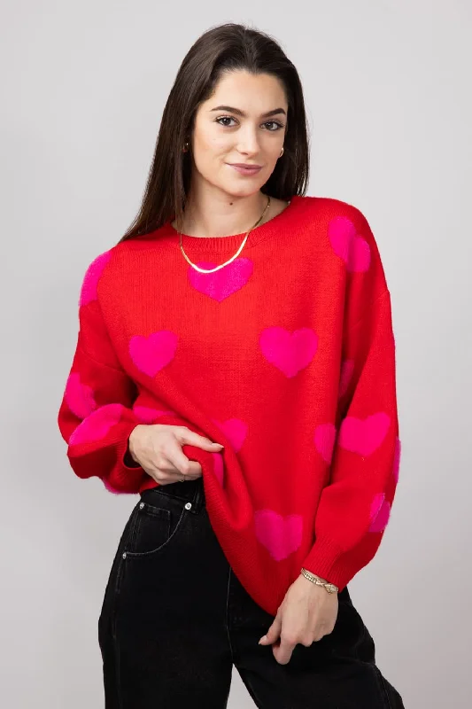 Miracle Multi Hearts Sweater for Women in Red | W8373-RED Fitted Loose Oversized