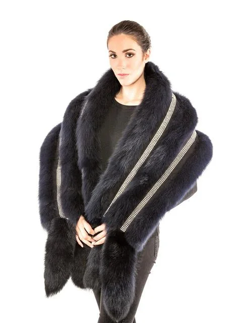Volare Fox shawl with Crystals and Fox tail Soft Cashmere Shawl Wrap