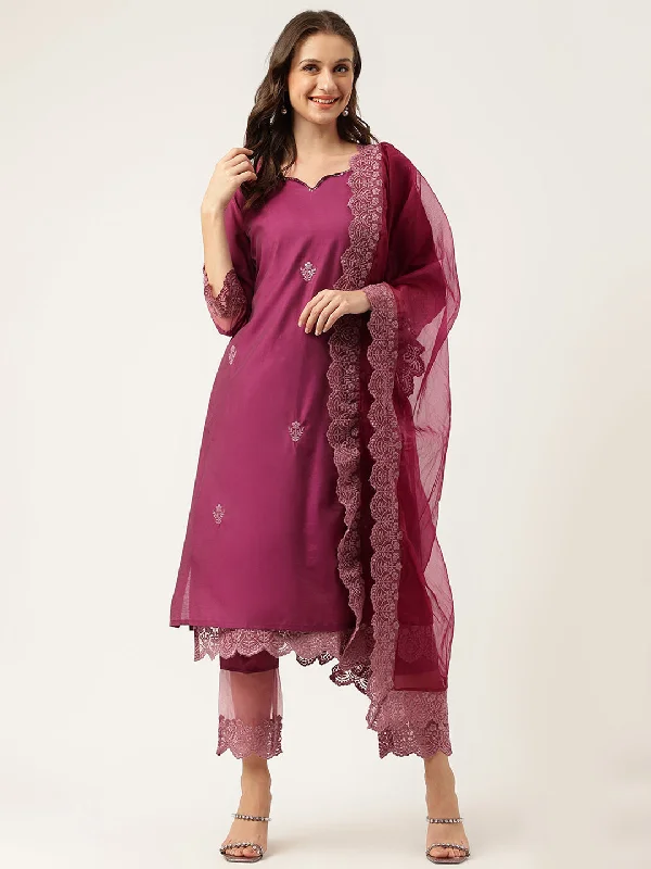 Divena Solid Purple Chanderi Embroidered Kurta with Inner Trouser Inner & Dupatta Set Trousers fashionable trendy