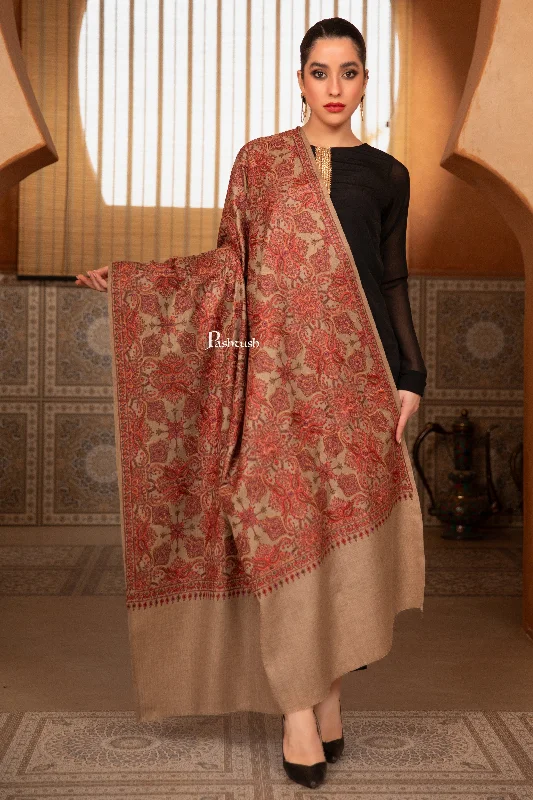 Pashtush Womens Fine Wool Shawl, Multi Heavy Jaal Design, Taupe Stylish Oversized Wool Shawl