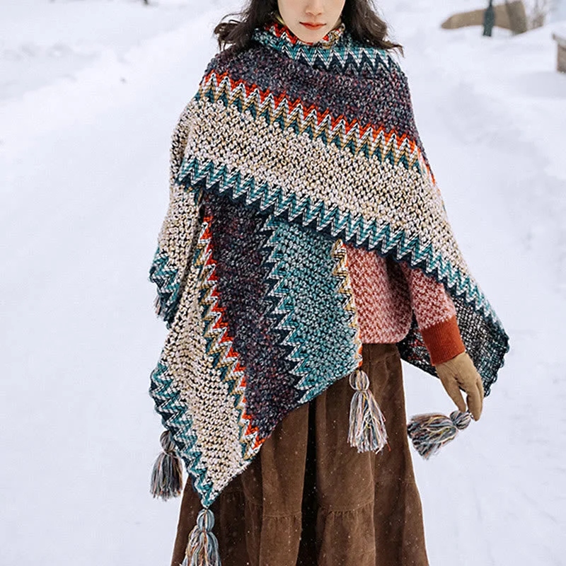 Buddha Stones Tibetan Shawl Blue Beige Red Wavy Pattern Winter Warm Tassel Scarf Cozy Plaid Shawl Scarf