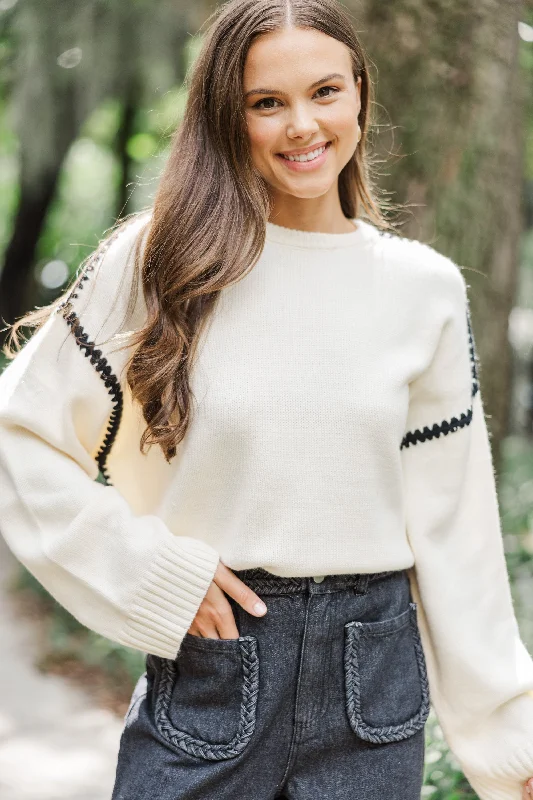 Before You Know It Cream White Contrast Stitch Sweater Notch Collar Peter Pan Collar Cowl Neck