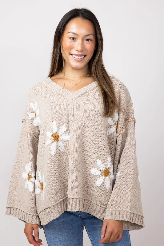 Miracle V Neck White Floral Sweater for Women in Taupe | 7418-TAUPE Mesh Sweater Canvas Denim