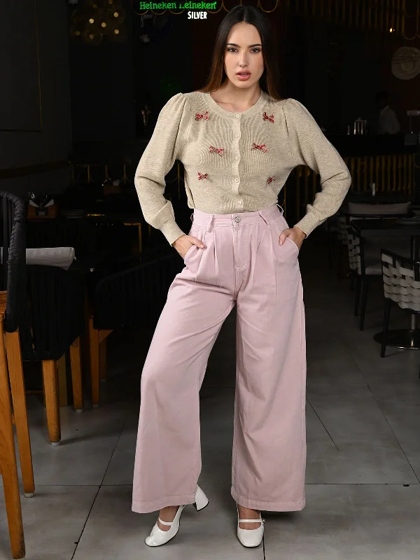 Odette Pink Twill Solid Trouser For Women Trousers Gym Athletic