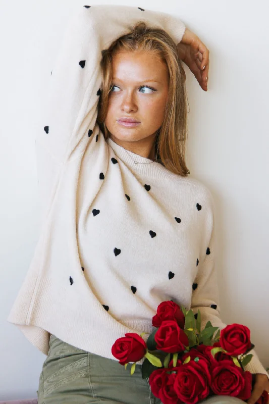 Embroidered Hearts Sweater for Women in Cream and Black | MAS2624-CRMBLK Print Jacquard Patchwork