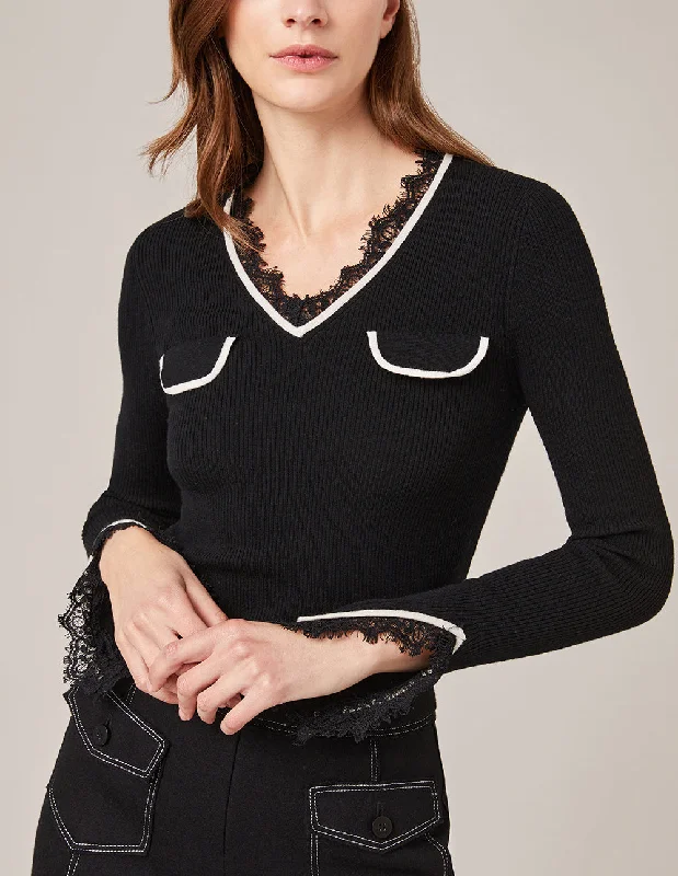 MARYLING LACE DETAIL V-NECK KNITTED PULLOVER Thin Wool Pullover