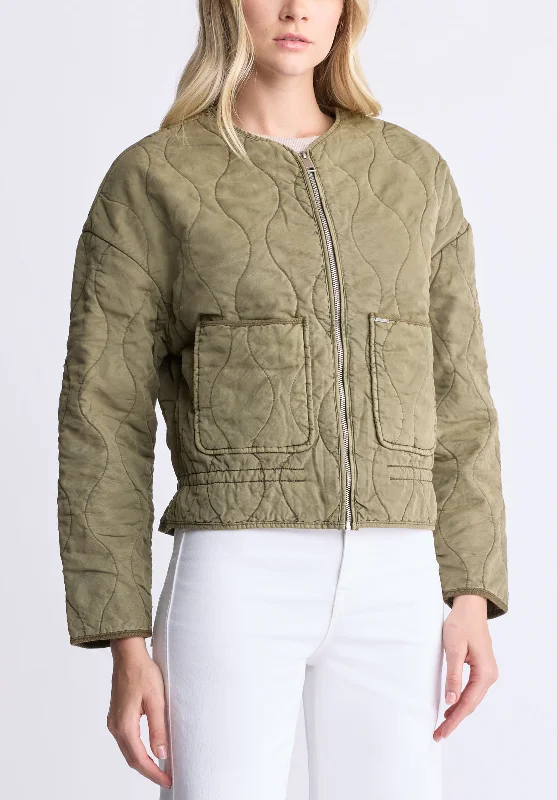 Annalee Women's Quilted Cropped Jacket, Olive green - JK0025H Belted Jacket Elasticated Jacket Padded Jacket