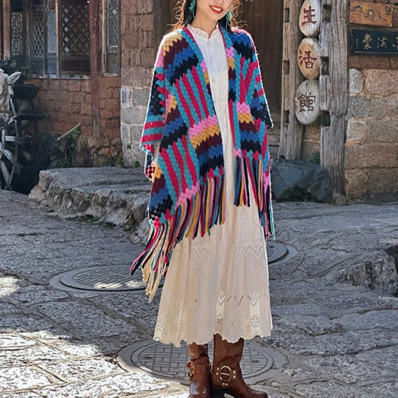 Buddha Stones Tibetan Shawl Candy Color Braided Pattern Winter Cozy Travel Knitted Tassel Scarf Wrap Elegant Silk Shawl Wrap