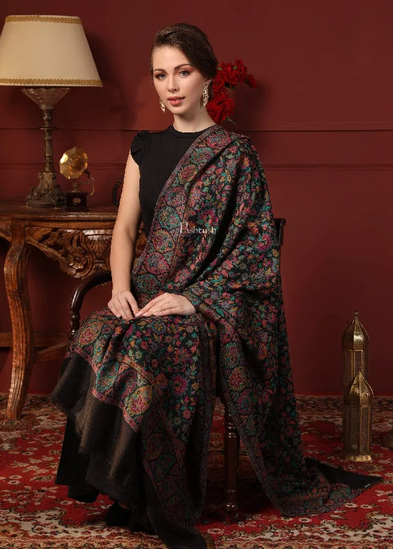 Pashtush Womens 100% Pure Wool Twin Color Reversible Ethnic Weave Shawl, Soft And Warm, With Woolmark Certificate Black Trendy Boho Style Shawl