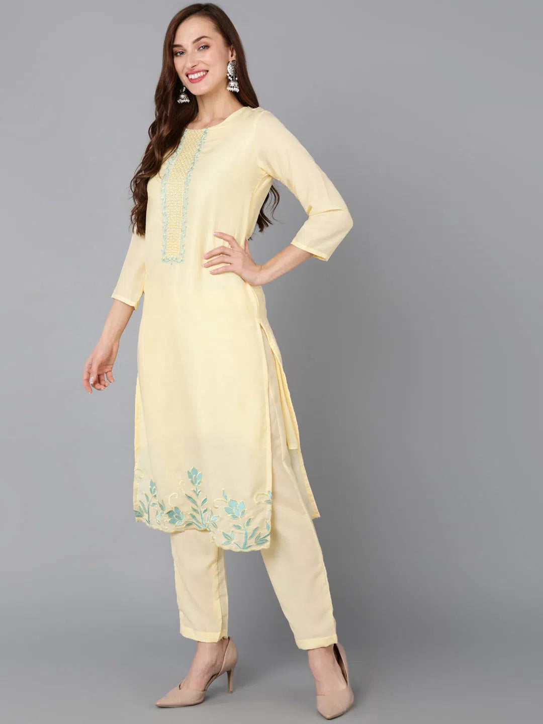 Ahika Women Silk Blend Embroidered Kurta Trouser-PKSKD1494B_XS Trousers Satin Smooth