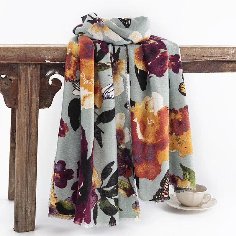 Buddha Stones Tibetan Colorful Butterfly Flower Print Shawl Fall Winter Soft Warm Scarf Wrap Soft Wool Shawl Wrap