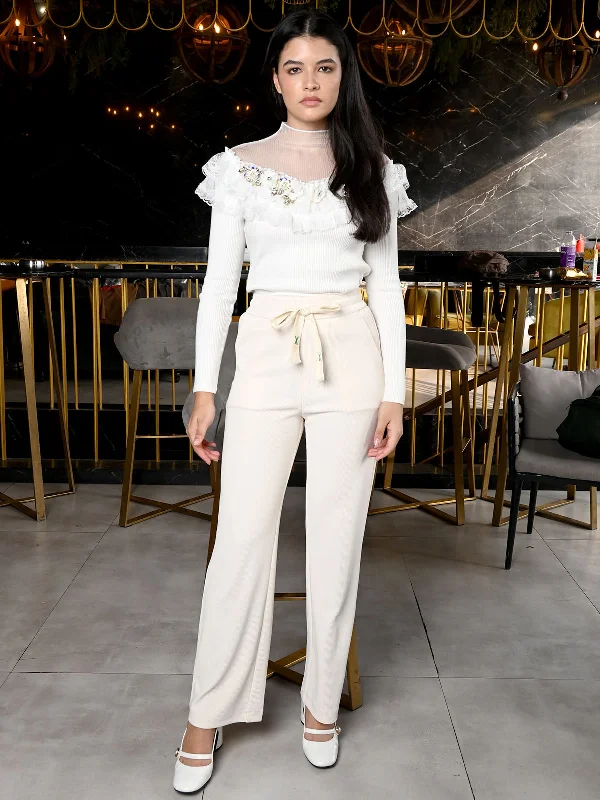 Odette Off White Ribbed Polyester Solid Trouser For Women Trousers Prom Sequined