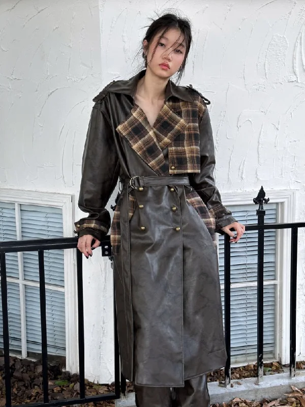 Plaid Splicing PU Leather Double Breasted Long Jacket【s0000004160】 Knit Jacket Woven Jacket Fleece Jacket Plaid Splicing PU Leather Double Breasted Long Jacket【s0000004160】 Knit Jacket Woven Jacket Fleece Jacket