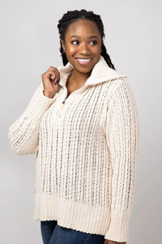Simply Southern So Soft Quarter Zip Sweater for Women in Parchment Cream | PP-0224-SWTR-SOSFT-PARCH Plaid Sweater Polka Dot Checkered