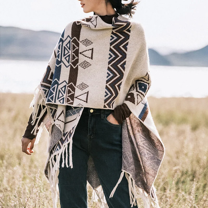 Buddha Stones Tibetan Wave Stripe Geometry Tassels Shawl Fall Winter Cozy Scarf Wrap Casual Shawl with Fringes