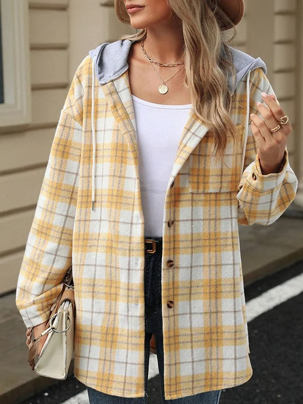Send Me A Sign Yellow Plaid Hooded Shirt Jacket V-Neck Jacket Boat Neck Jacket Square Neck Jacket
