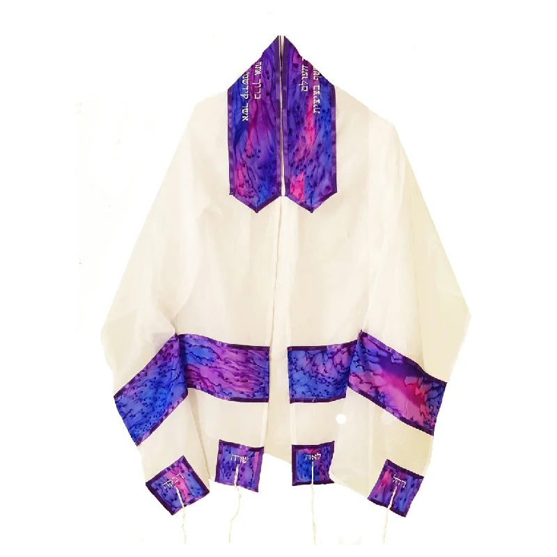 Four Mothers on Purple Silk Blend Bat Mitzvah Tallit, Women's Tzitzit Prayer Shawl Elegant Lace Shawl Wrap