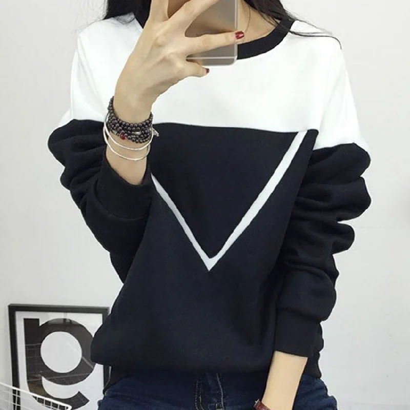 Fashion Black and White Spell Color Patchwork Hoodies Women V Pattern Pullover Sweatshirt Female Tracksuit M-XXL Chunky Knit Pullover