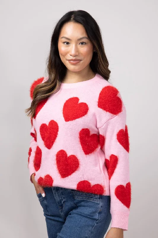 Simply Southern Fuzzy Heart Sweater for Women in Pink | PP-0224-SWTR-FZY-VALPINK Satin Fabric Silk Fabric Chiffon Fabric