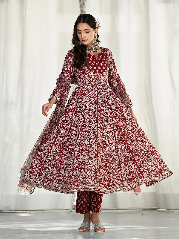 Divena Maroon Floral Printed Anarkali Cotton Kurta Trouser with Dupatta Set Trousers luxurious high-end