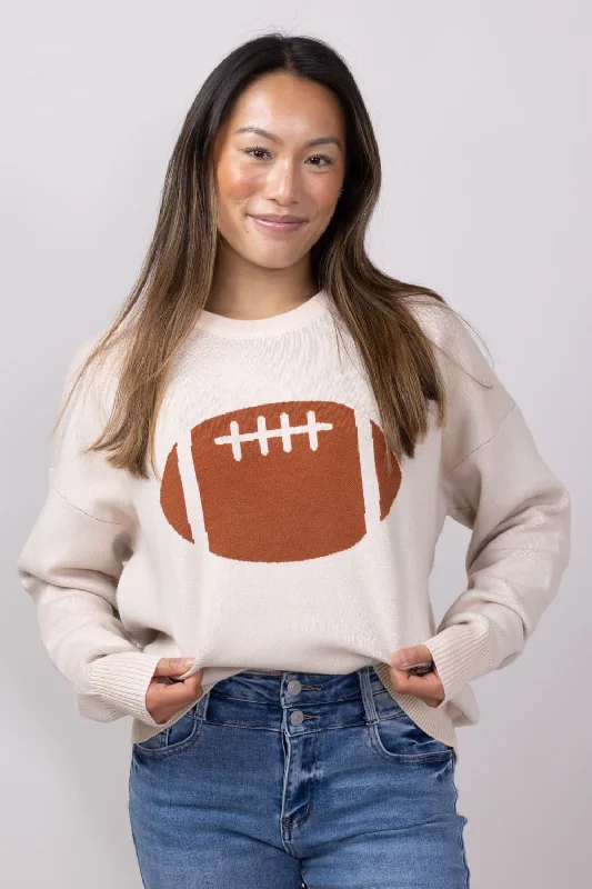 Football Graphic Sweater for Women in Cream | GW18FB-CRMBRN Chenille Brocade Lace