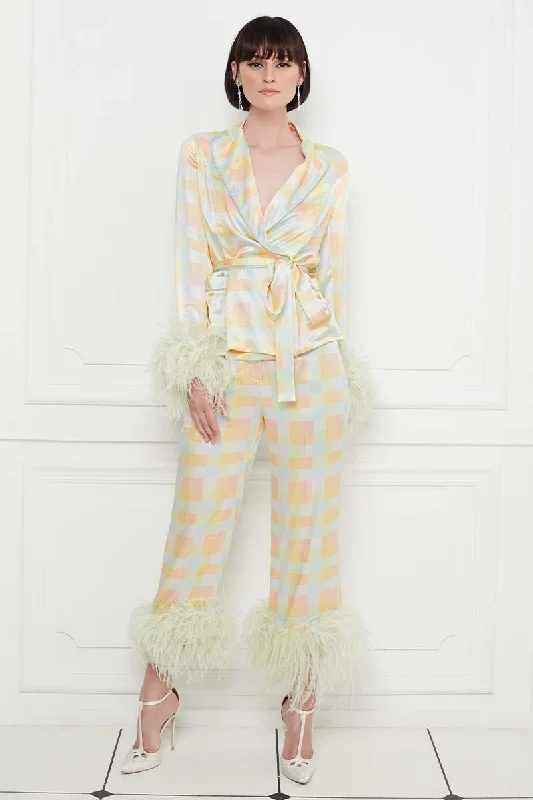 Checkered Print Ostrich Feather Embellished Cropped Trousers Trousers Review Highly