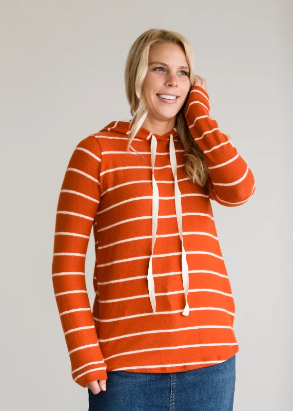 Hacci Knit Striped Hooded Sweatshirt - FINAL SALE Hoodie with Hem Elastic Stretchable Comfortable