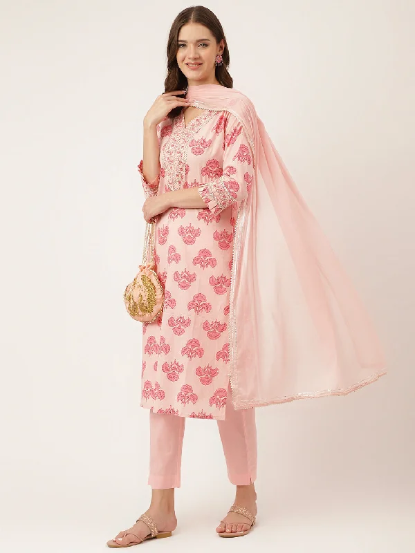 Divena Pink Floral Print Cotton  Kurta, Trouser & Dupatta Trousers Fleece Cozy