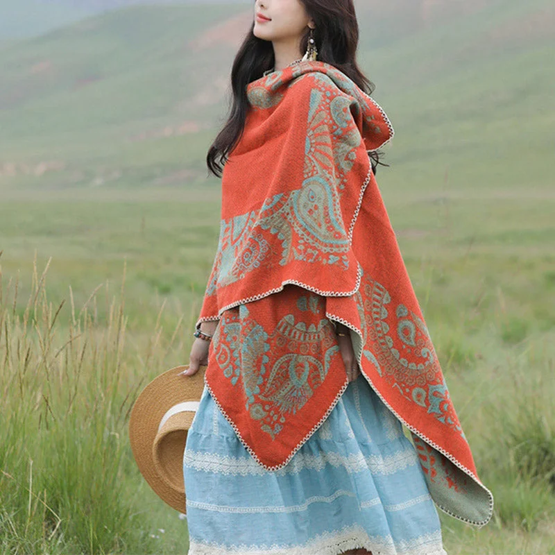 Buddha Stones Tibetan Shawl Simple Pattern Winter Cozy Travel Scarf Wrap Warm Wool Shawl Cape