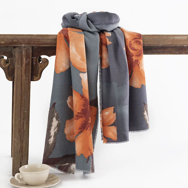 Buddha Stones Tibetan Shawl Artistic Style Hibiscus Syriacus Print Fall Winter Cozy Warm Scarf Wrap Comfortable Plaid Shawl Wrap
