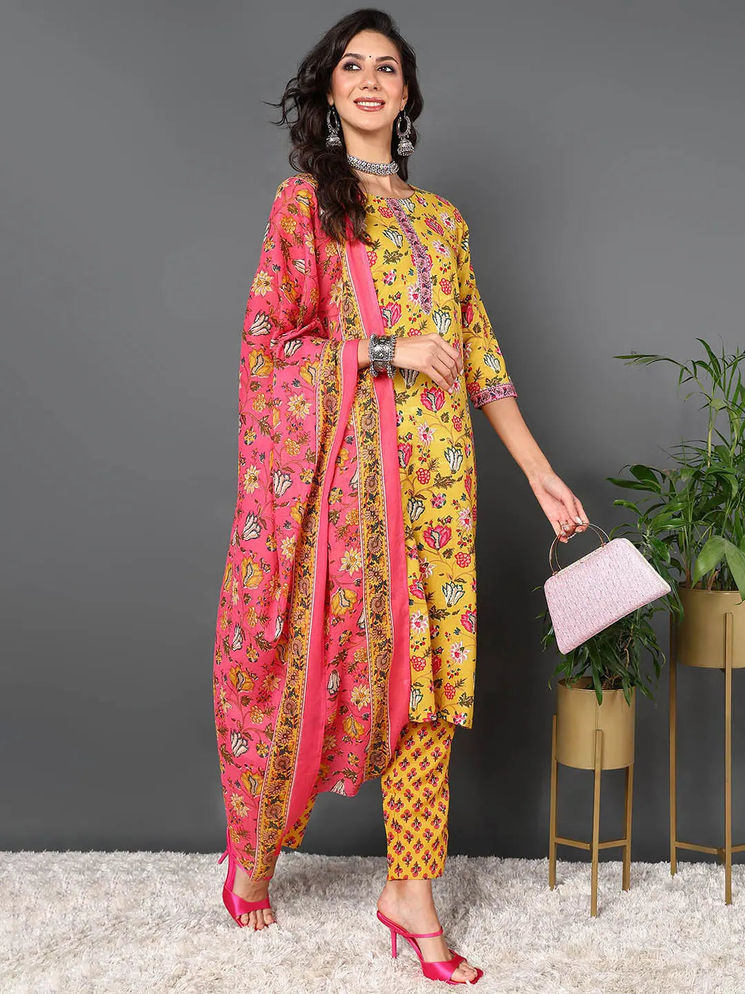 Ahika Women Yellow Cotton Blend Floral Printed Kurta Trouser With Dupatta Trousers Bootcut Casual