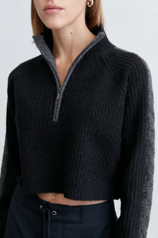HALF ZIP SWEATER WITH CONTRAST DETAILS Satin Fabric Silk Fabric Chiffon Fabric