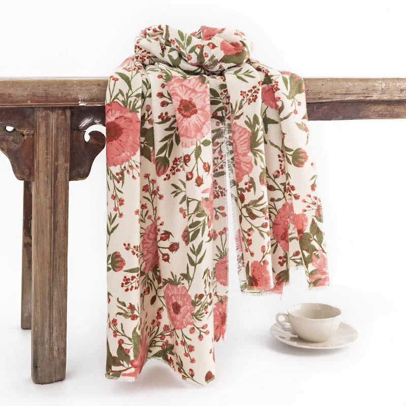 Buddha Stones Tibetan Shawl Elegant Sweet Style Big Flower Leaves Print Fall Winter Soft Warm Scarf Wrap Trendy Oversized Shawl Cape