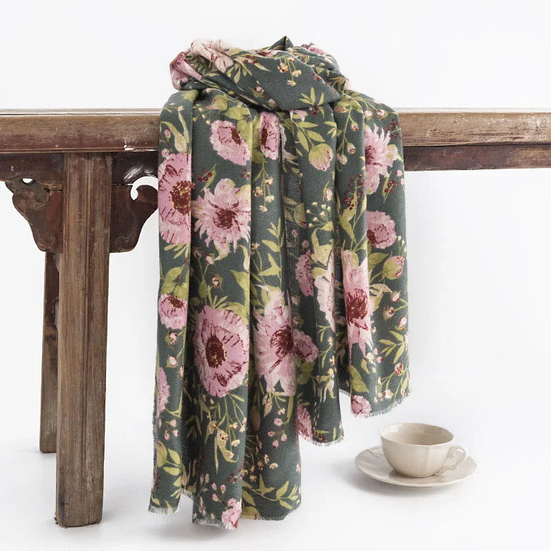 Buddha Stones Tibetan Shawl Blooming Flower Lush Leaves Print Fall Winter Soft Warm Scarf Wrap Fashionable Embroidered Shawl