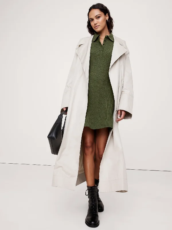Ribbed Polo Sweater Dress Hooded Caped Shawl Collar