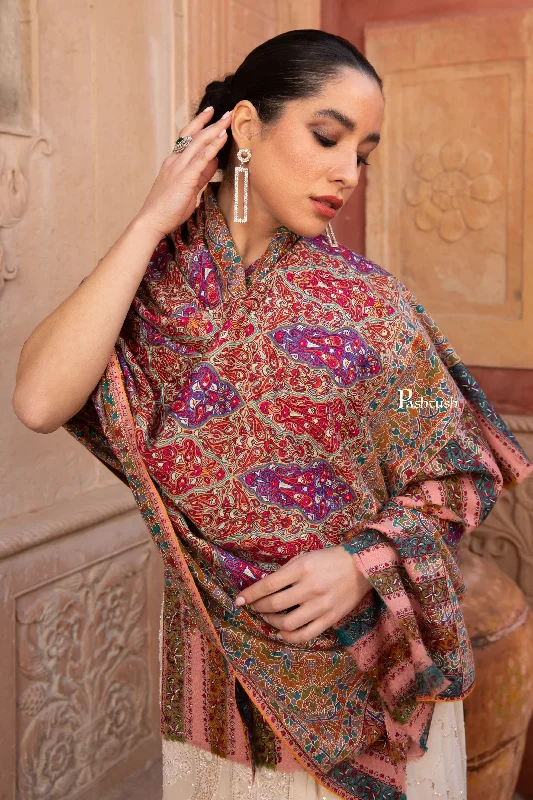 Pashtush Pashmina Shawl , Hand Embroidered Multicoloured Jama Jaal, Handmade Kashmiri Embroidery Cozy Wool Shawl Poncho