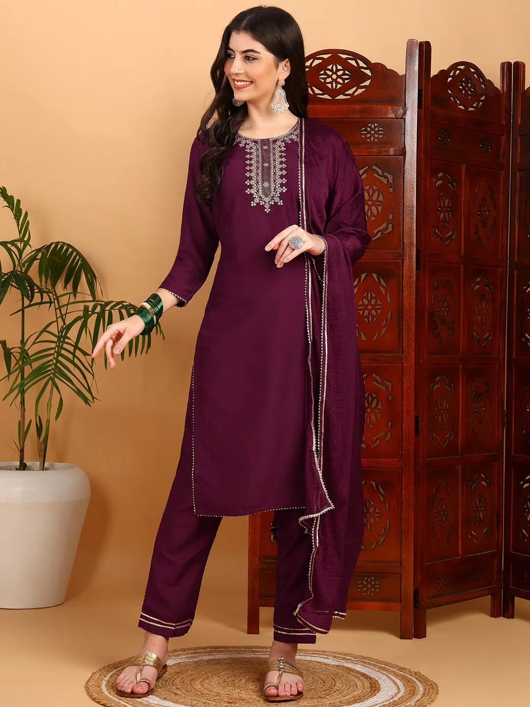 Ahika Women Silk Blend Embroidered Kurta Trouser-PKSKD1771_XS Trousers Fall Fleece