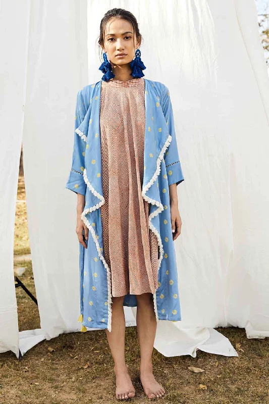 Block Printed Bais Dress With Bandhej Waterfall Jacket A-Line Jacket Boat Neck Shawl Collar
