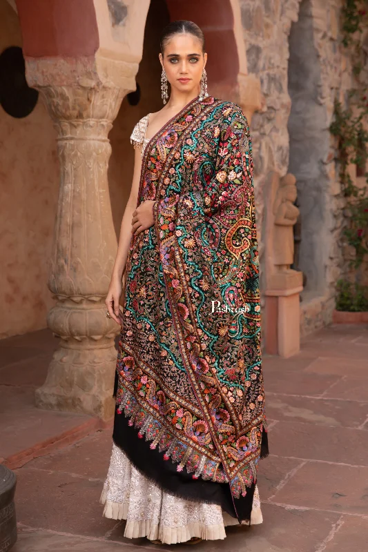 Pashtush Womens Shawl, Kashmiri Tilla Embroidery, Royal Gardens of Paradise, Fine Wool, Black Soft Cotton Shawl Cape