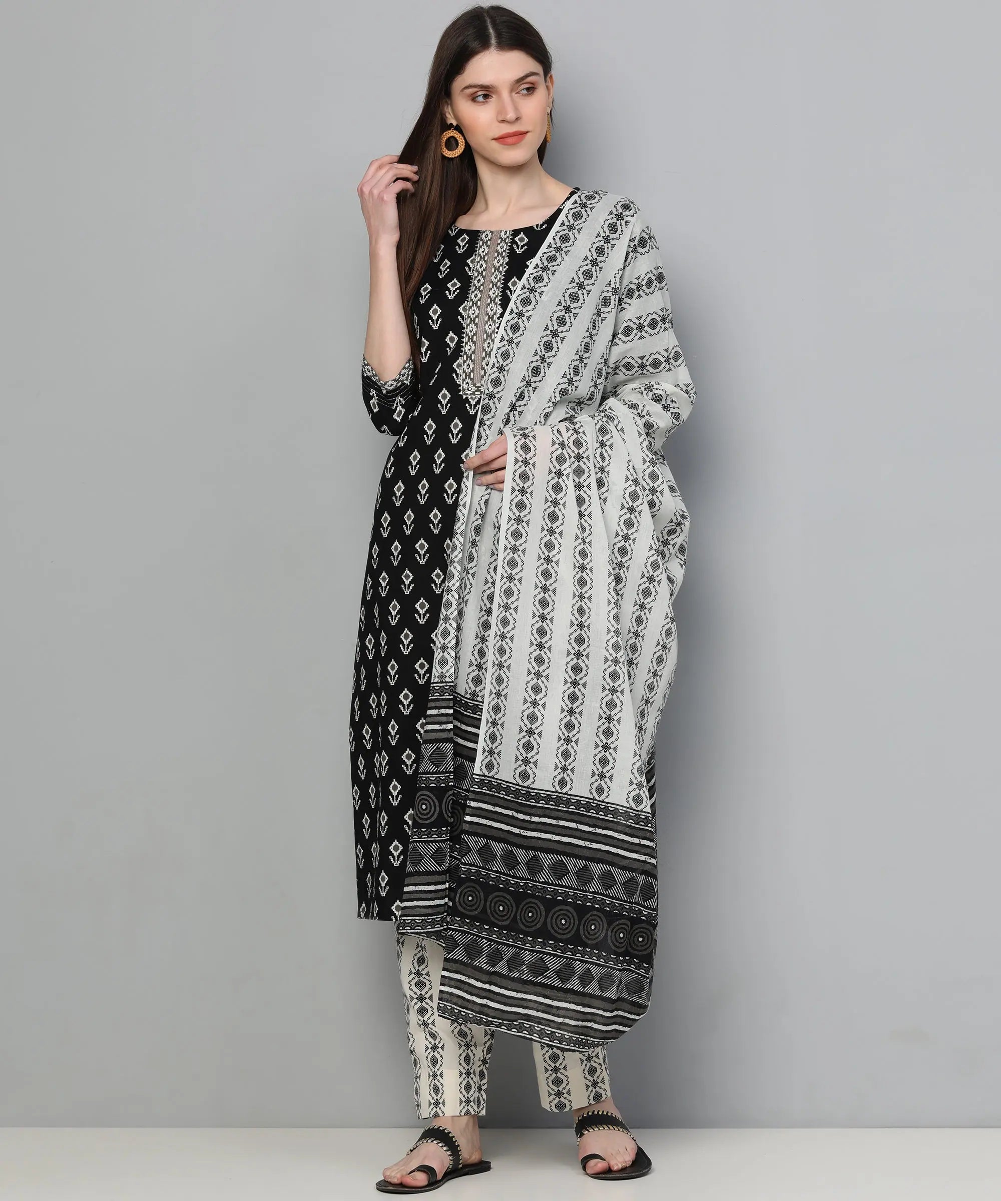 Ahika Women Cotton Ethnic Motifs Printed Straight Kurta Trouser With Dupatta Trousers Vintage Classic