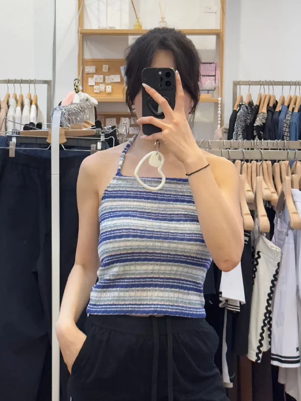 100% Linen Blue Stripes Summer Tank Top off shoulder tank